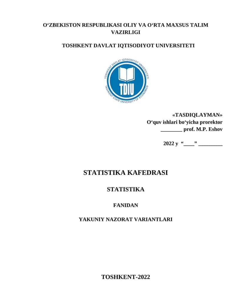 Statistika Fanidan Yakuniy Nazorat Variantlari