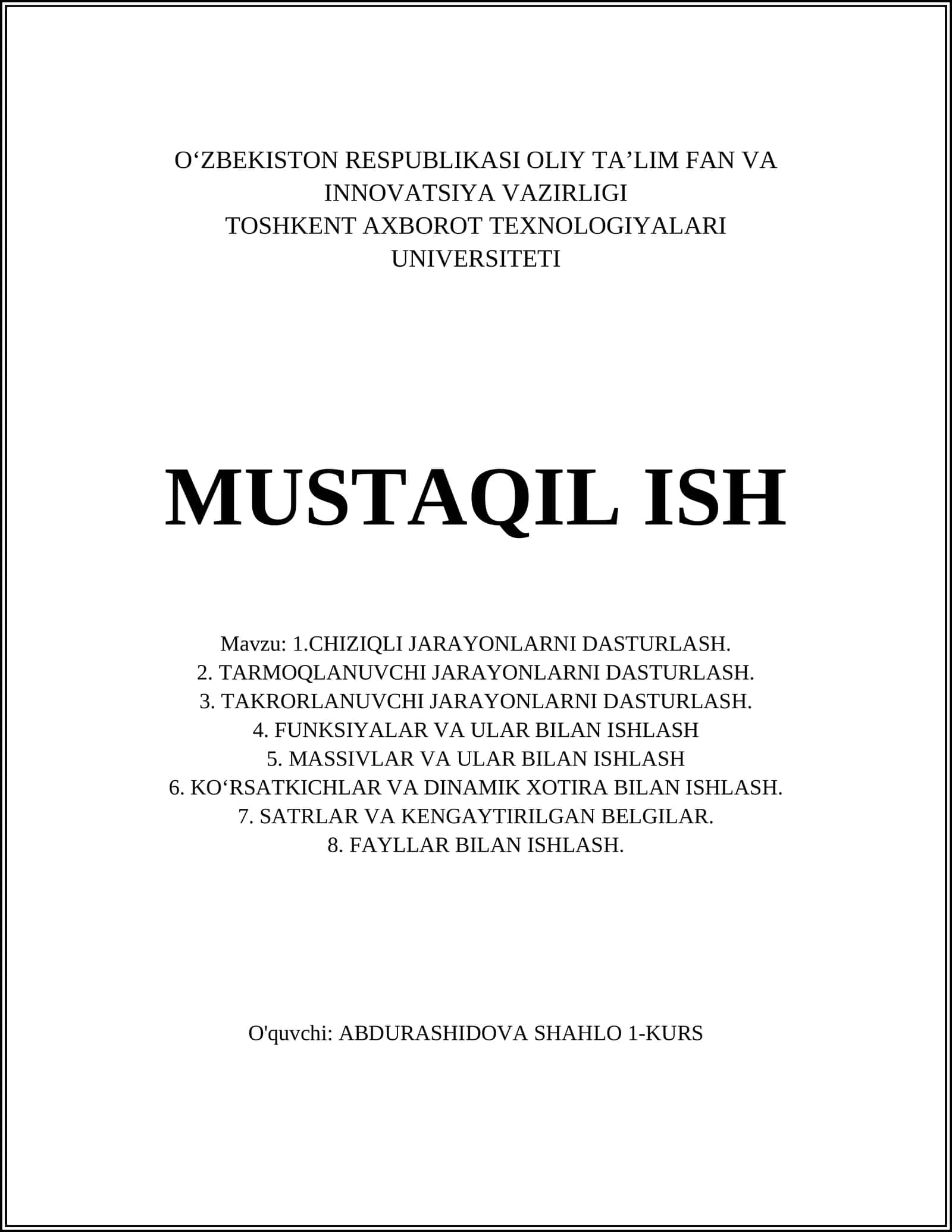 CHIZIQLI JARAYONLARNI DASTURLASH
