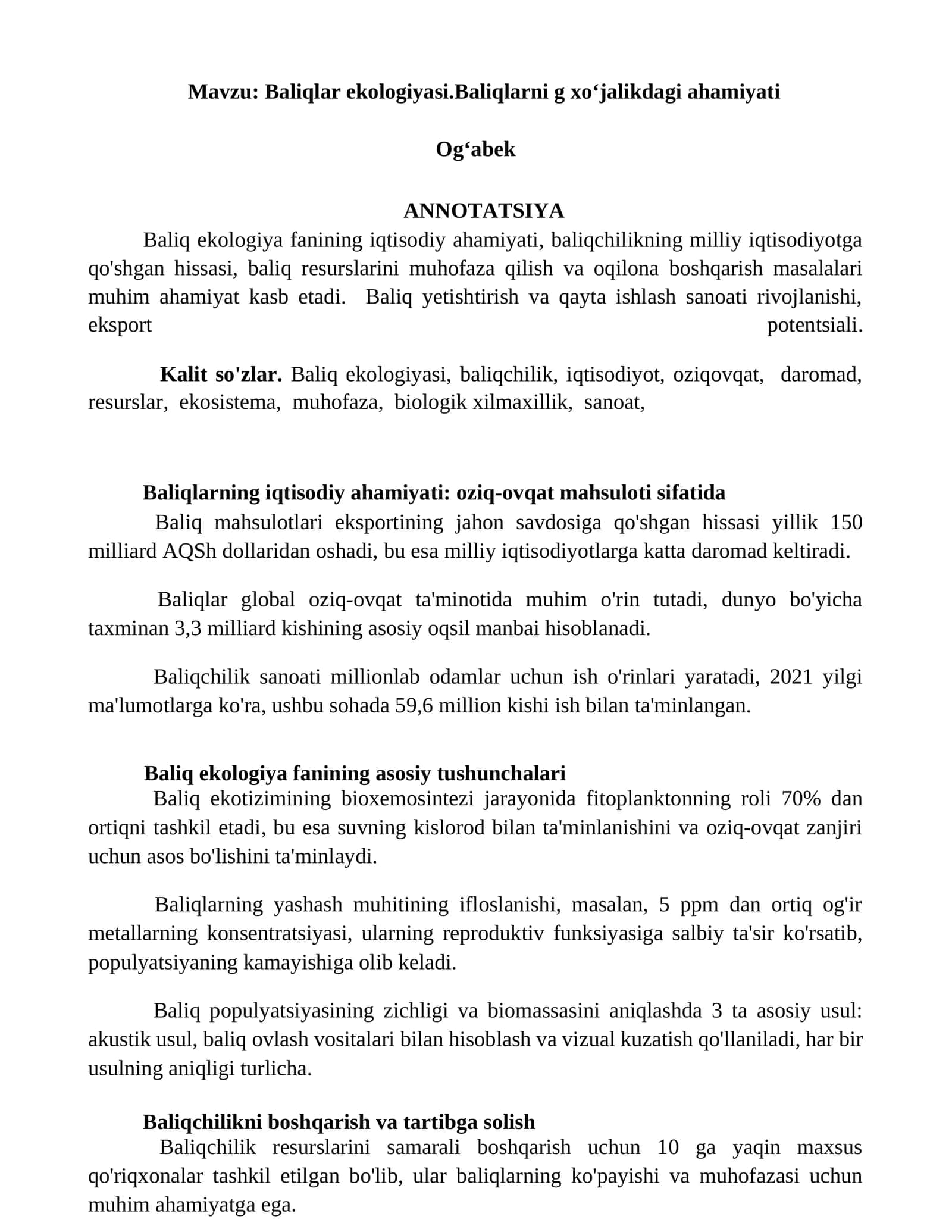 Baliqlar ekologiyasi.Baliqlarni g xoʻjalikdagi ahamiyati