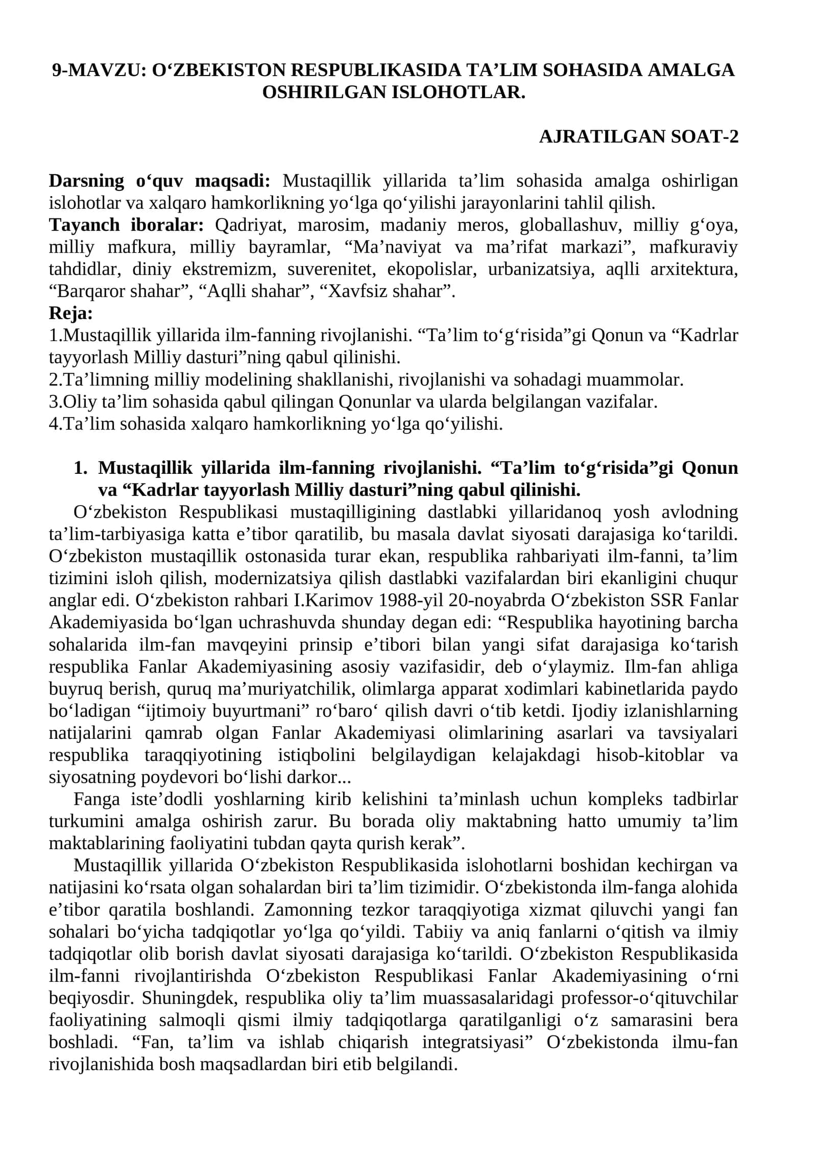 Oʻzbekiston Respublikasida Ta’lim sohasida amalga oshirilgan islohotlar
