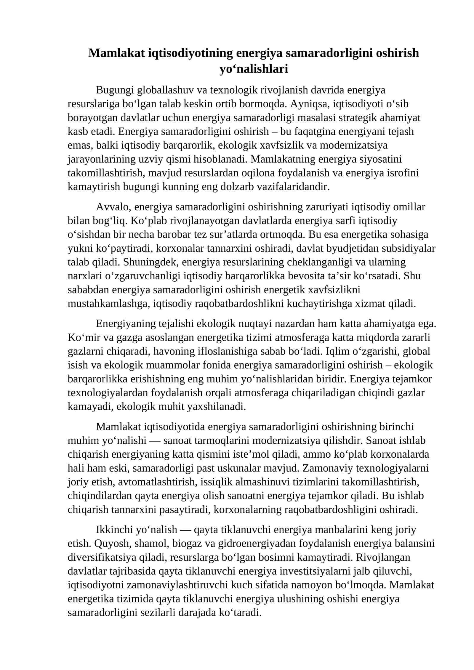 Mamlakat iqtisodiyotining energiya samaradorligini oshirish yo‘nalishlari