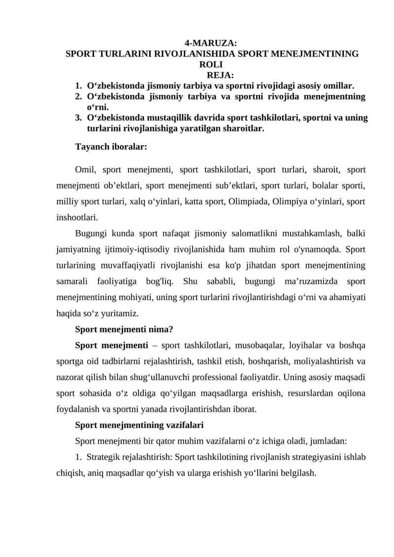 4-MARUZA: SPORT TURLARINI RIVOJLANISHIDA SPORT MENEJMENTINING ROLI