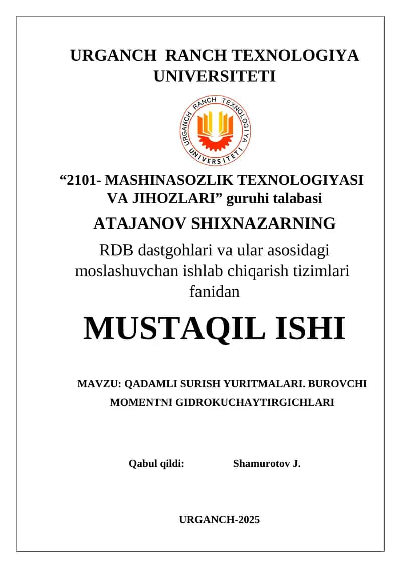 QADAMLI SURISH YURITMALARI. BUROVCHI MOMENTNI GIDROKUCHAYTIRGICHLARI