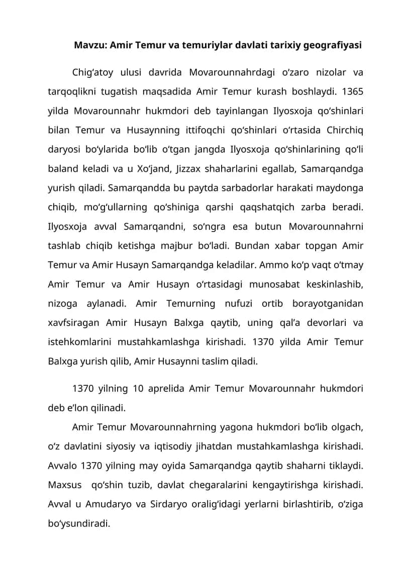Amir Temur va temuriylar davlati tarixiy geografiyasi