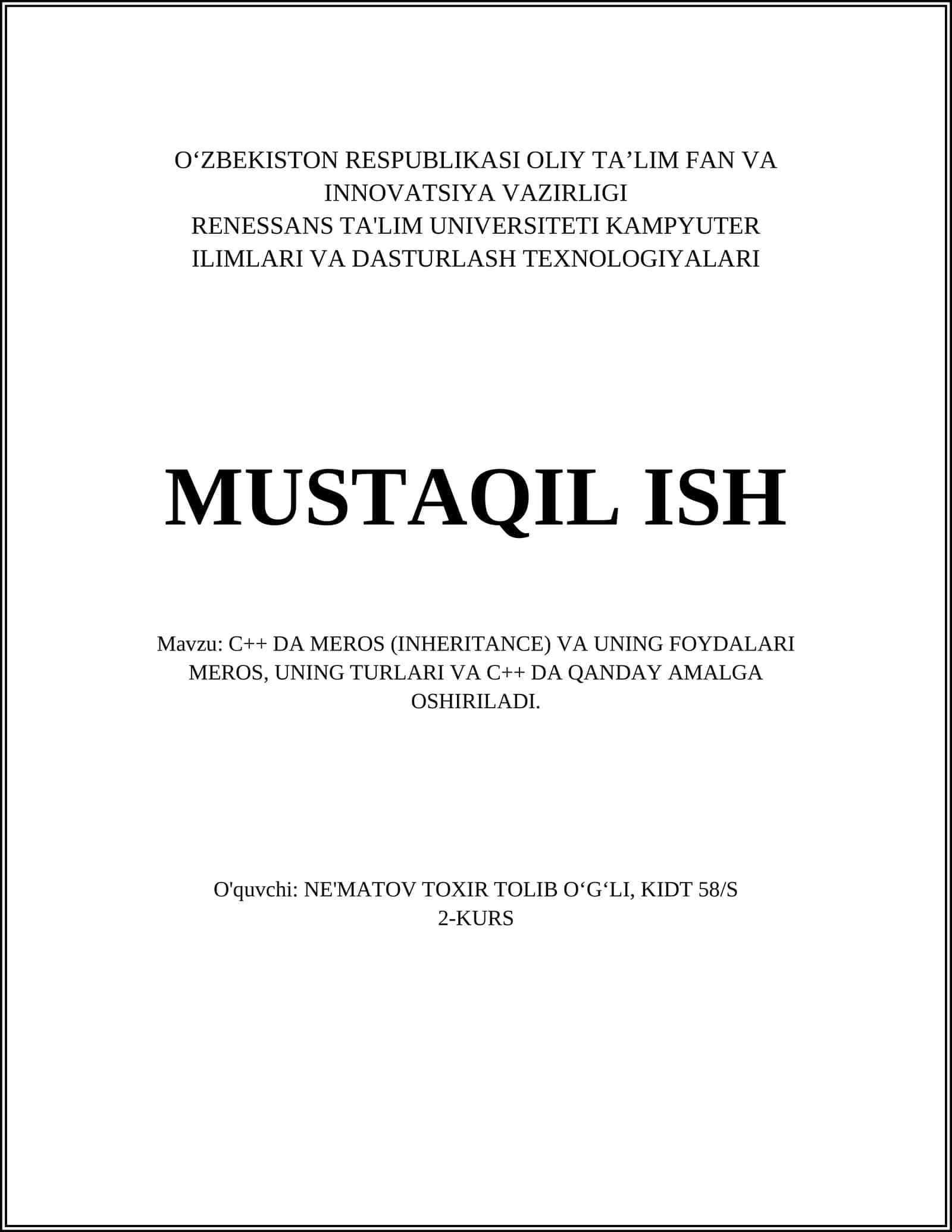 C++ DA MEROS (INHERITANCE) VA UNING FOYDALARI