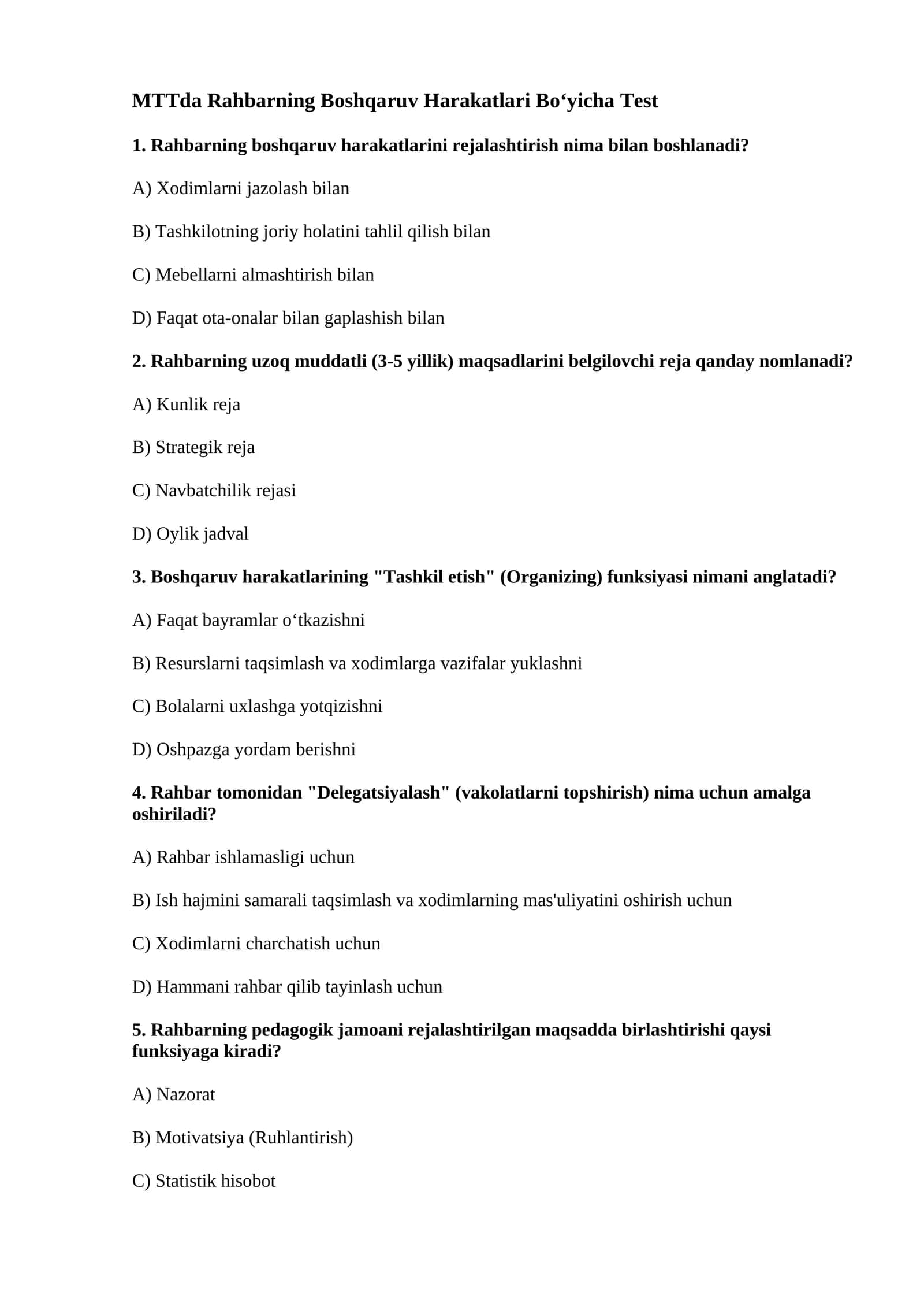 MTTda Rahbarning Boshqaruv Harakatlari Bo‘yicha Test