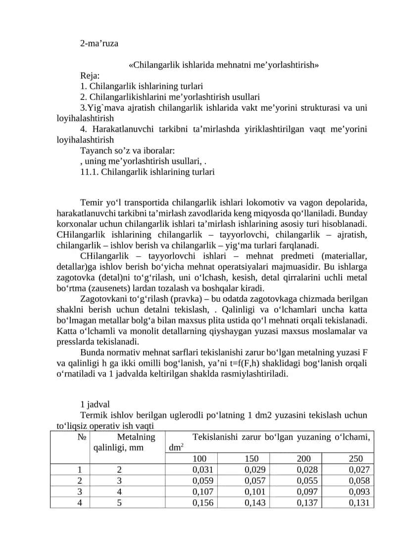 Chilangarlik ishlarida mehnatni me’yorlashtirish