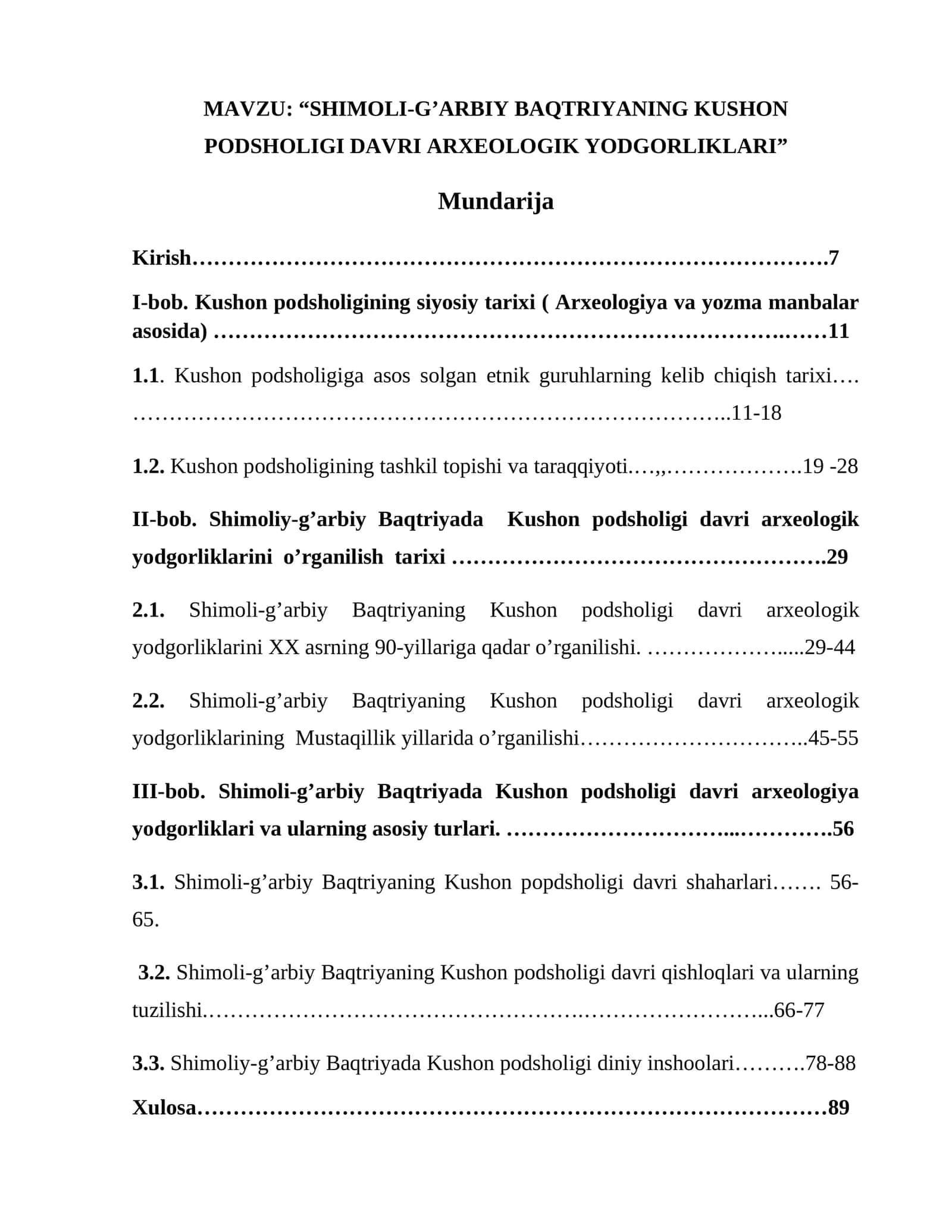 “SHIMОLI-G’АRBIY BАQTRIYАNING KUSHОN PОDSHОLIGI DАVRI АRXЕОLОGIK YОDGОRLIKLАRI”