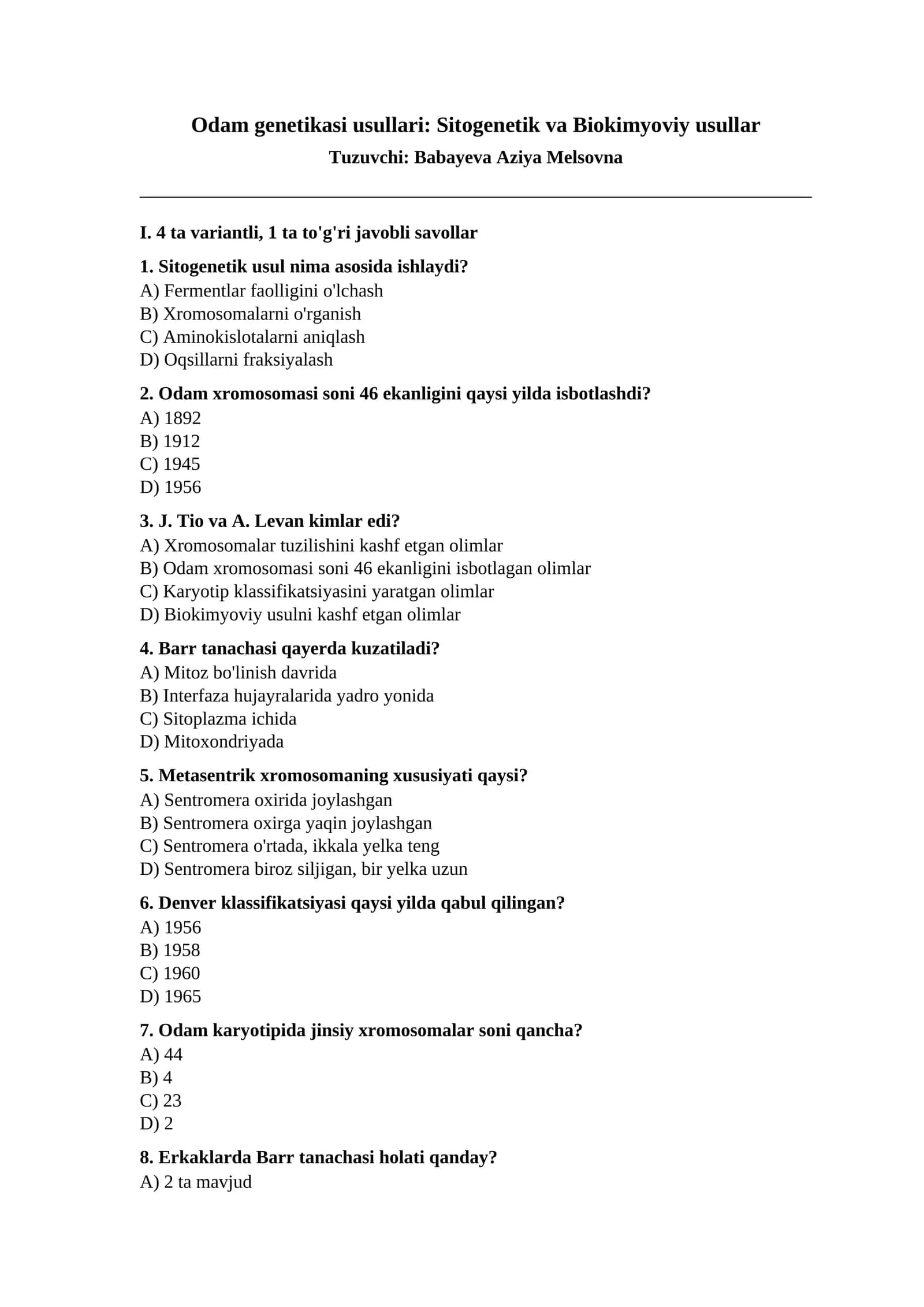 Odam genetikasi usullari: Sitogenetik va Biokimyoviy usullar