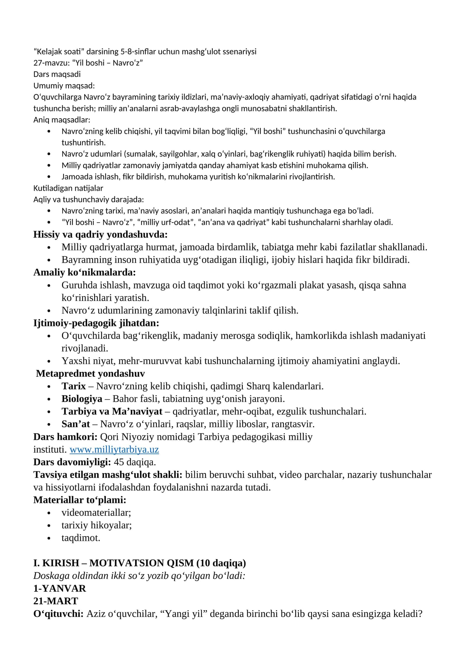 “Kelajak soati” darsining 5-8-sinflar uchun mashgʻulot ssenariysi