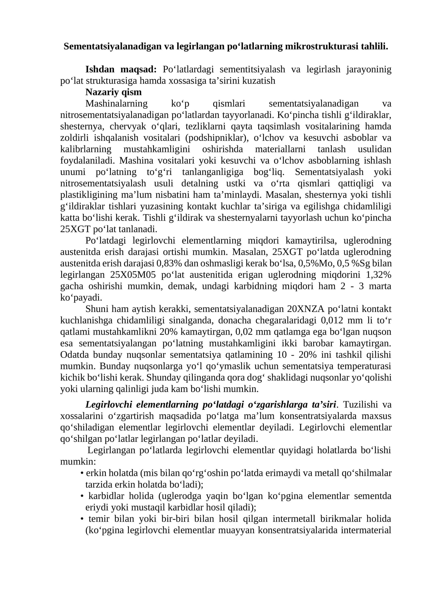 Po‘latlarning mikrostrukturasi tahlili