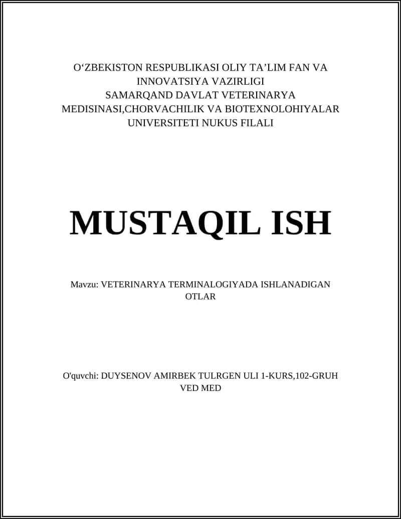 VETERINARYA TERMINALOGIYADA ISHLANADIGAN OTLAR