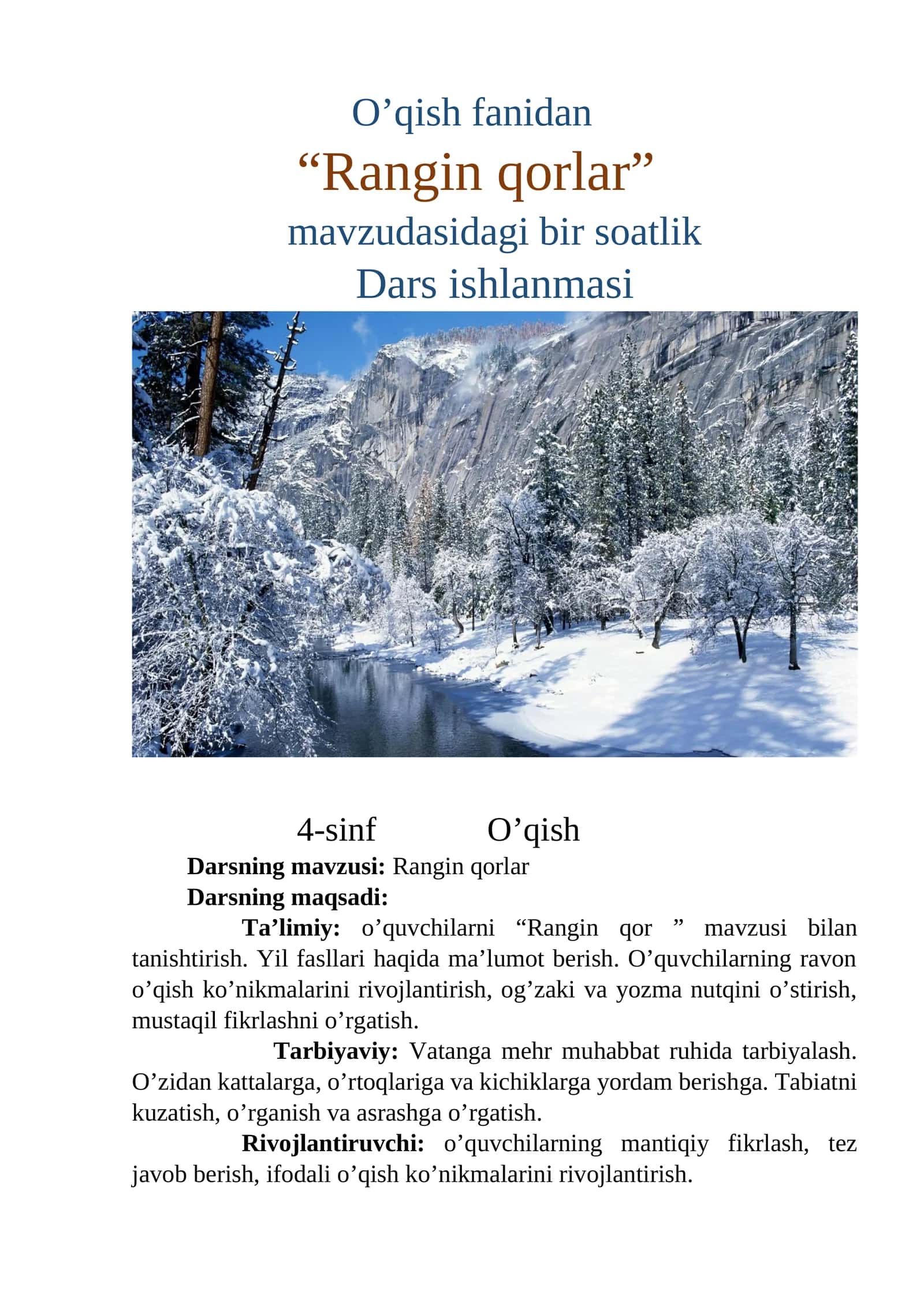 4-sinf O'qish fanidan ochiq dars ishlanma. Rangin qorlar