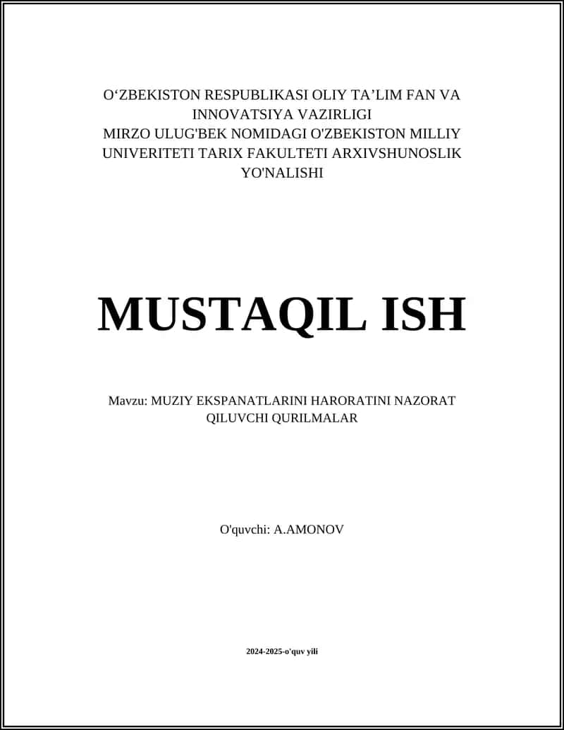MUZIY EKSPANATLARINI HARORATINI NAZORAT QILUVCHI QURILMALAR
