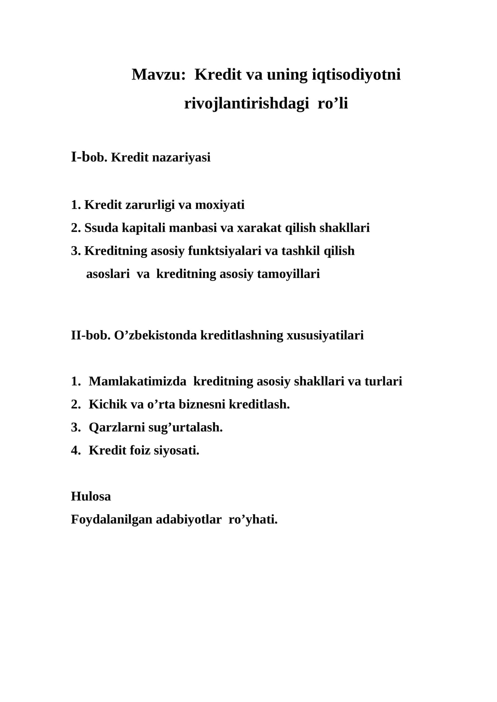 Kredit va uning iqtisodiyotni rivojlantirishdagi ro’li