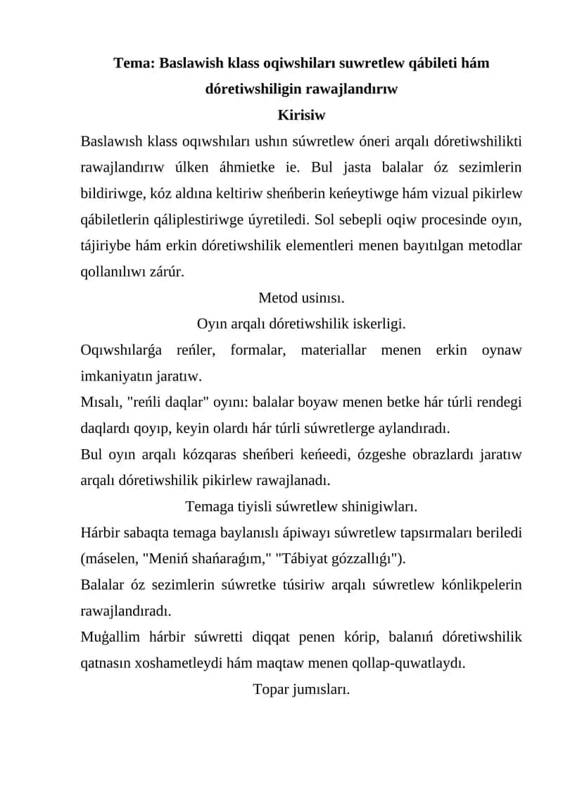 Baslawish klass oqiwshiları suwretlew qábileti hám dóretiwshiligin rawajlandırıw