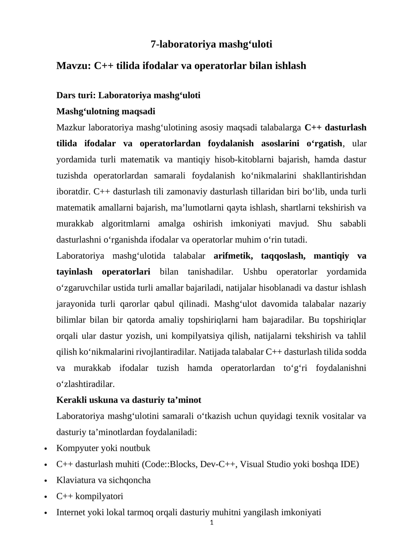 C++ tilida ifodalar va operatorlar bilan ishlash