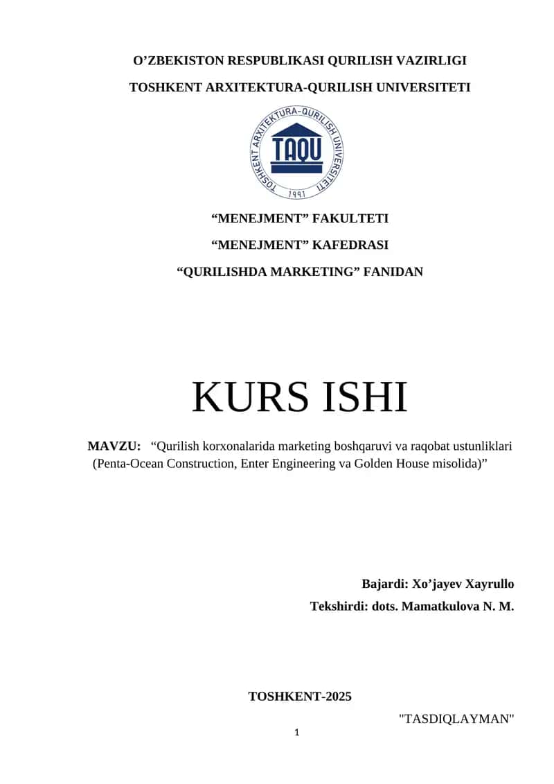 Qurilish korxonalarida marketing boshqaruvi va raqobat ustunliklari