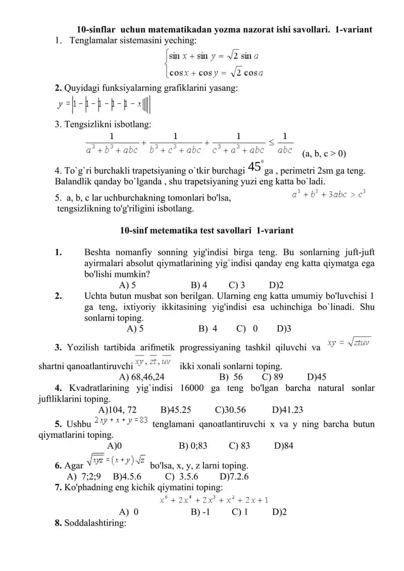 Matematikadan Olimpiada savollari