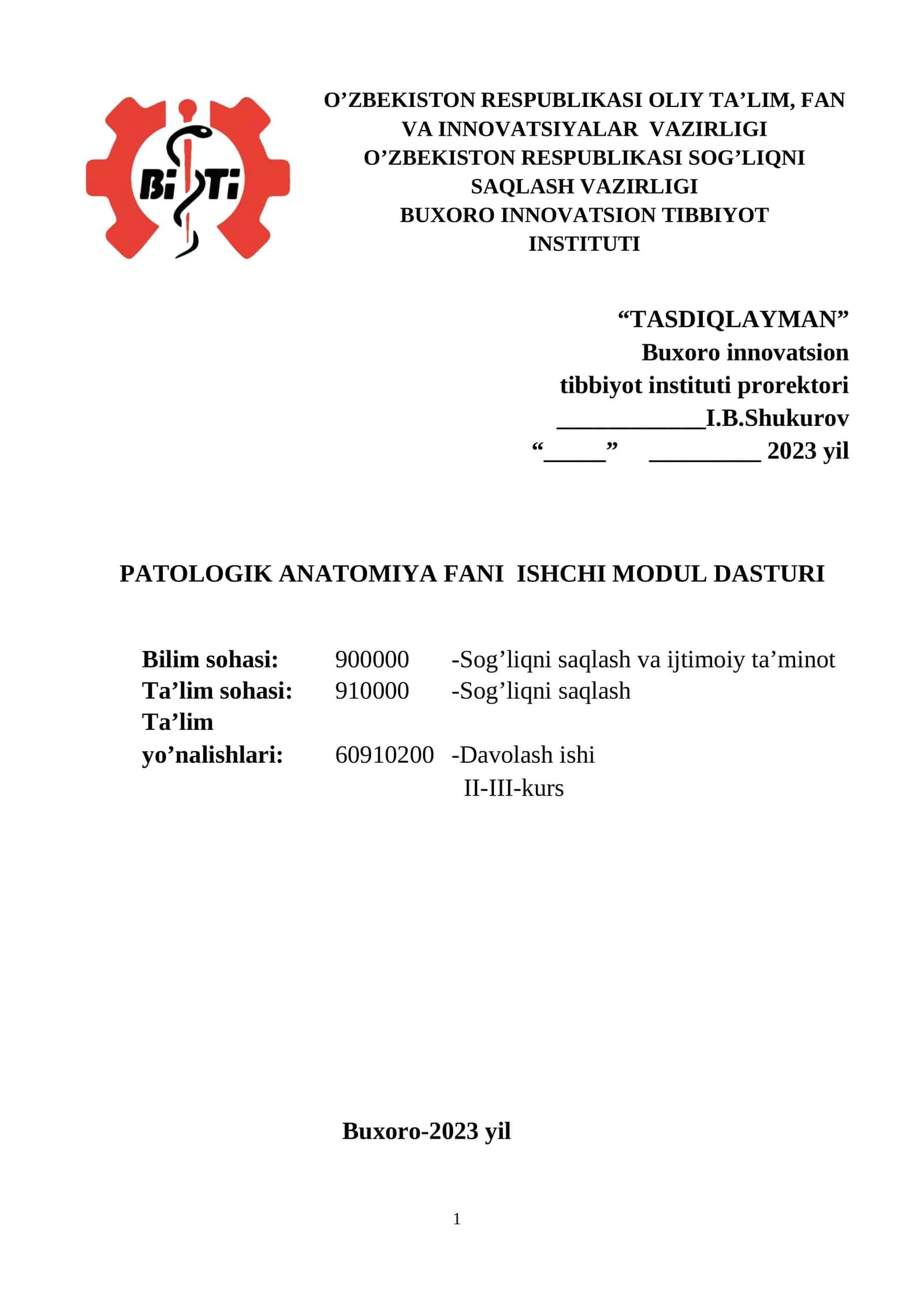 PATOLOGIK ANATOMIYA FANI ISHCHI MODUL DASTURI