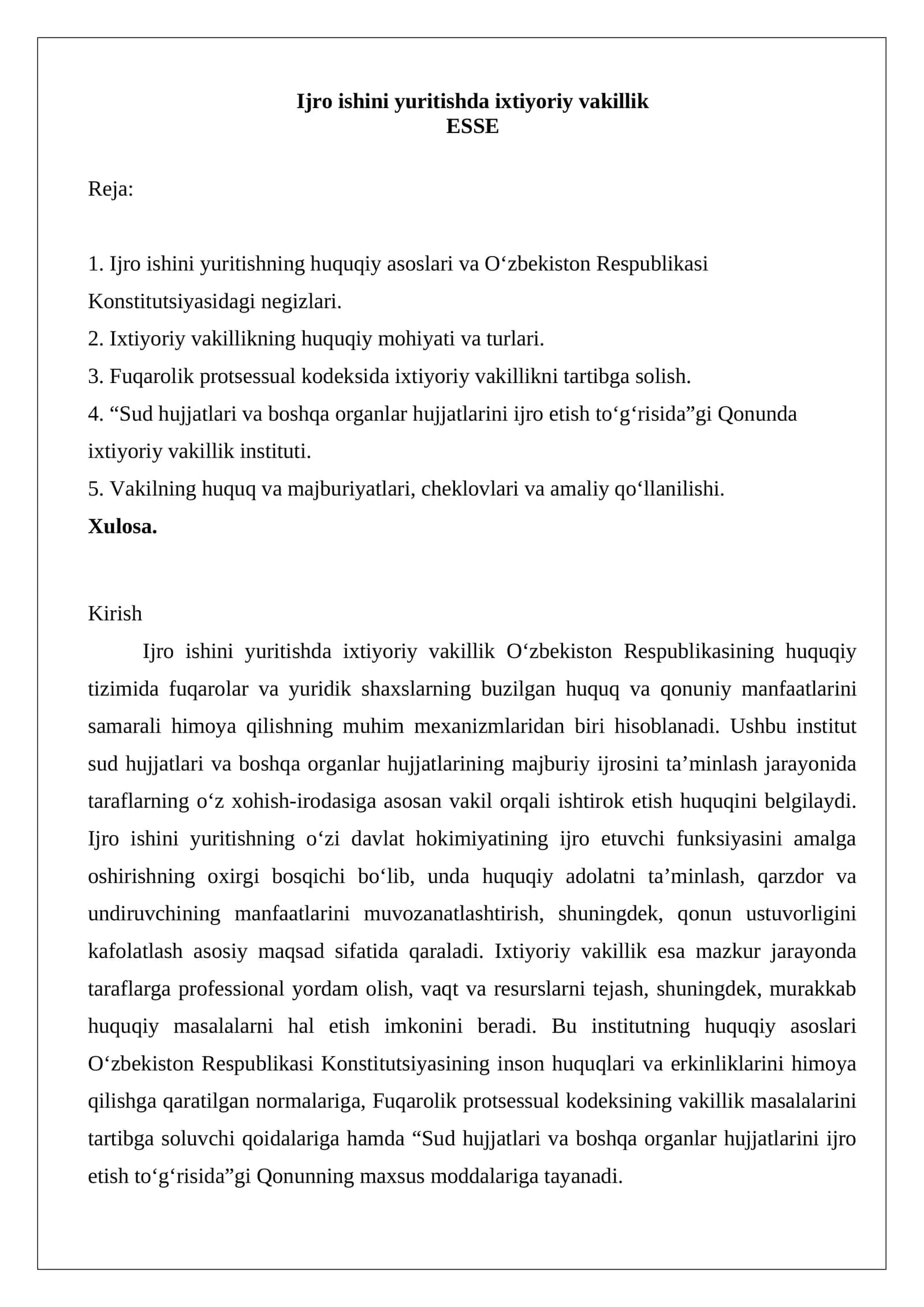 Ijro ishini yuritishda ixtiyoriy vakillik