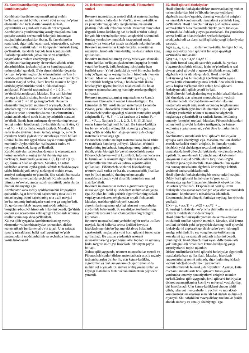 Kombinatorikaning asosiy elementlari. Asosiy kombinatsiyalar