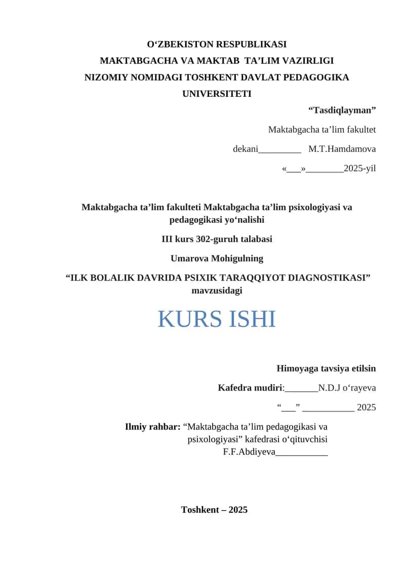 Ilk bolalik davrida psixik taraqqiyot diagnostikasi