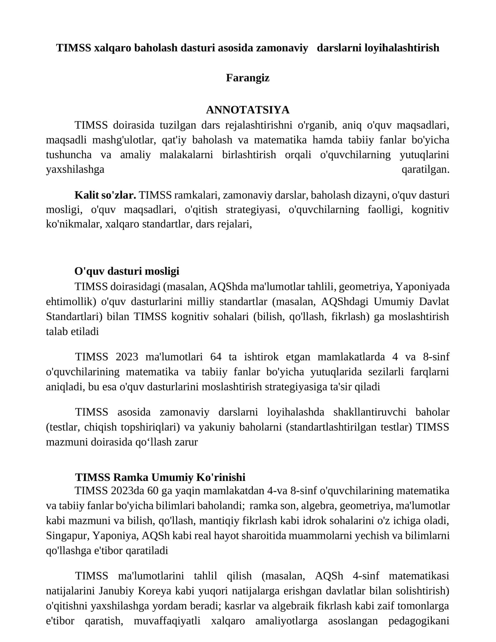 TIMSS xalqaro baholash dasturi asosida zamonaviy darslarni loyihalashtirish