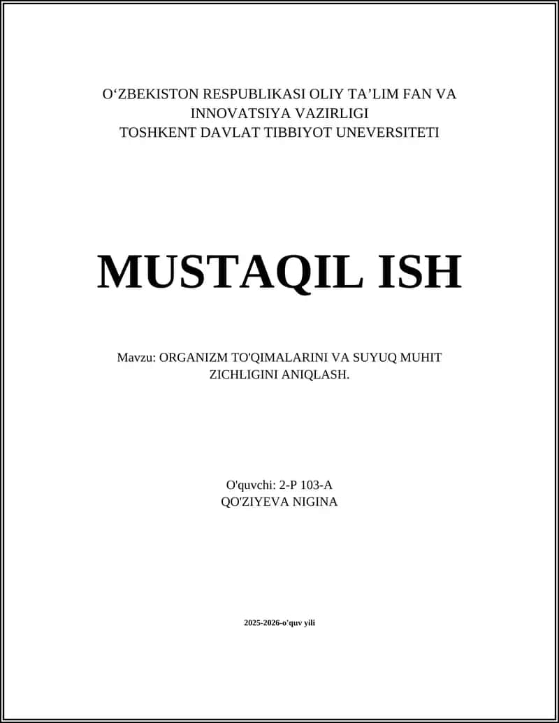 ORGANIZM TO'QIMALARINI VA SUYUQ MUHIT ZICHLIGINI ANIQLASH