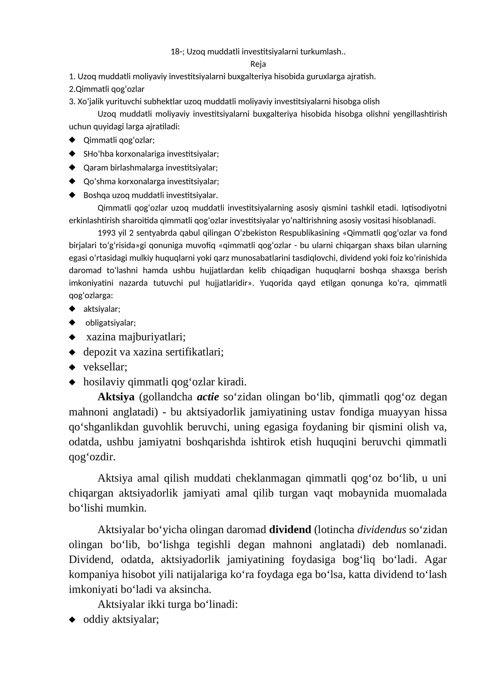 Uzoq muddatli investitsiyalarni turkumlash