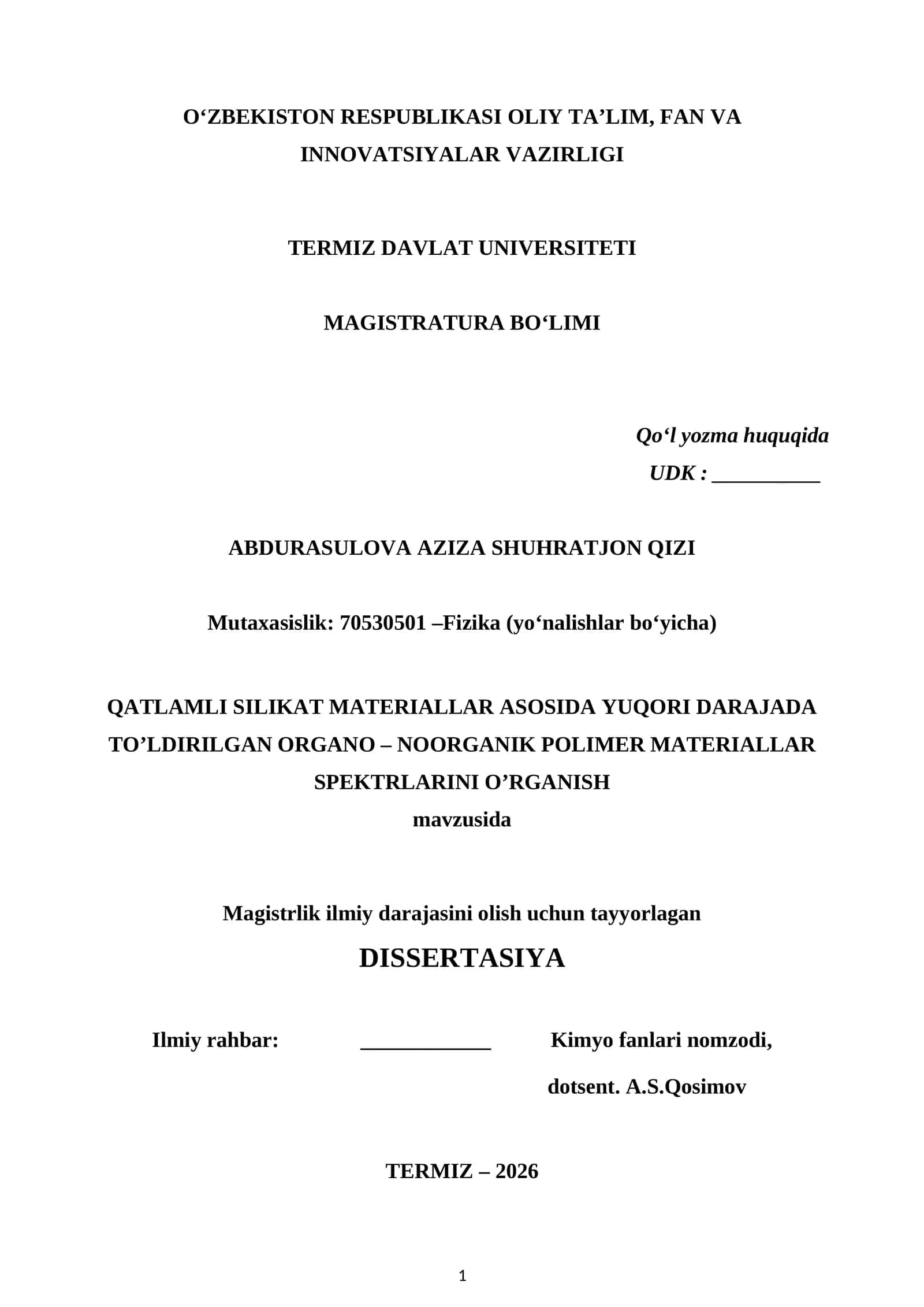 QATLAMLI SILIKAT MATERIALLAR ASOSIDA YUQORI DARAJADA TO'LDIRILGAN ORGANO-NOORGANIK POLIMER MATERIALLAR SPEKTRLARINI O'RGANISH