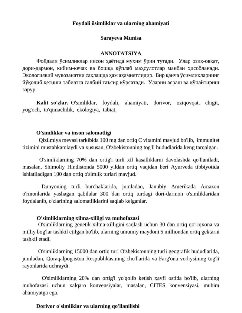 O'simliklar va inson salomatligi