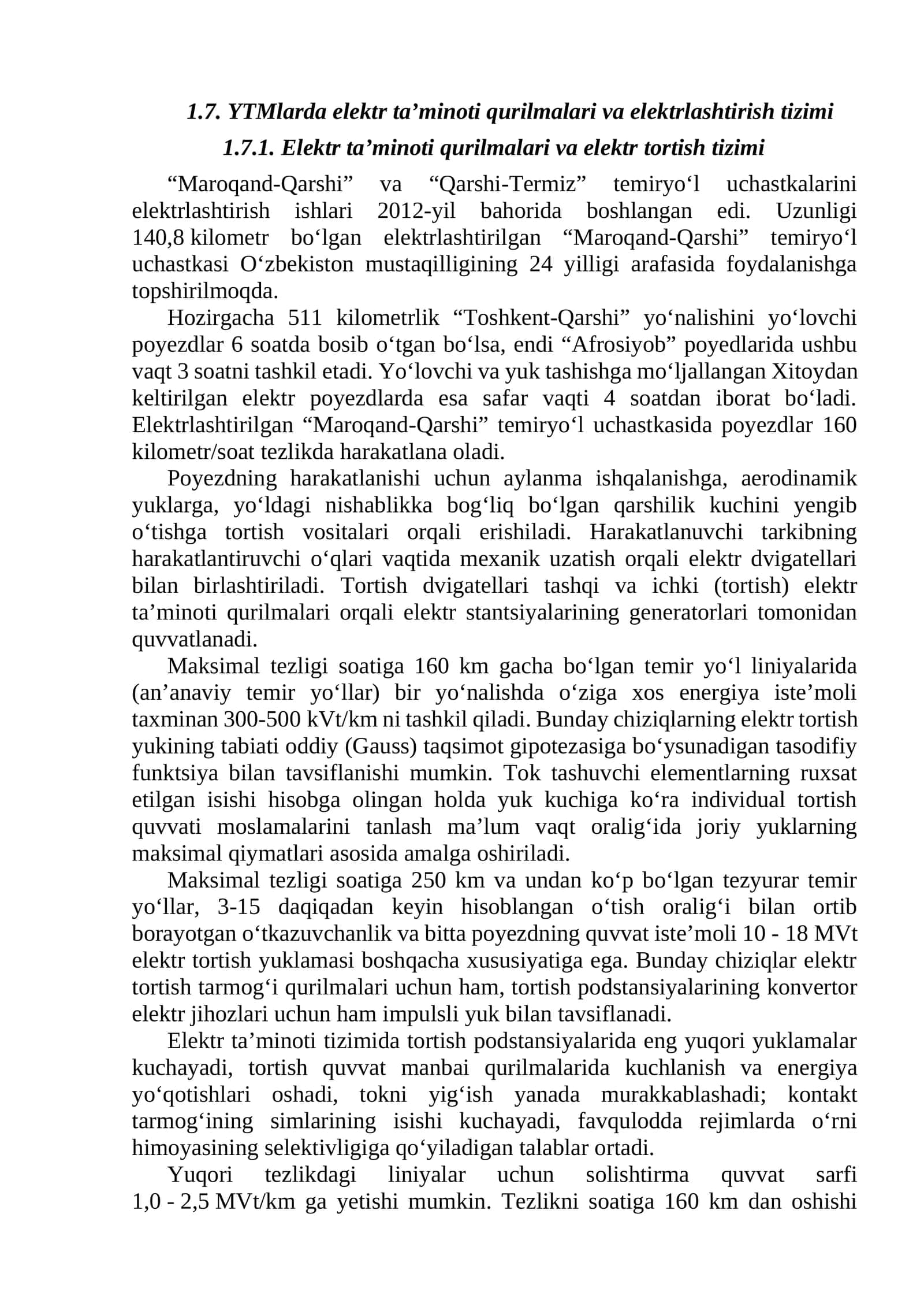 Elektr ta’minoti qurilmalari va elektrlashtirish tizimi
