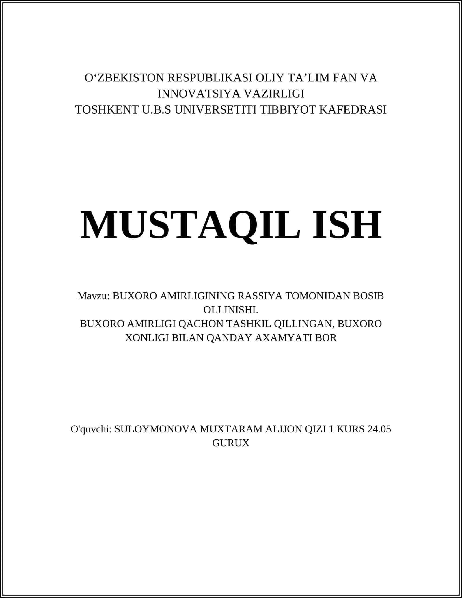 BUXORO AMIRLIGINING RASSIYA TOMONIDAN BOSIB OLLINISHI
