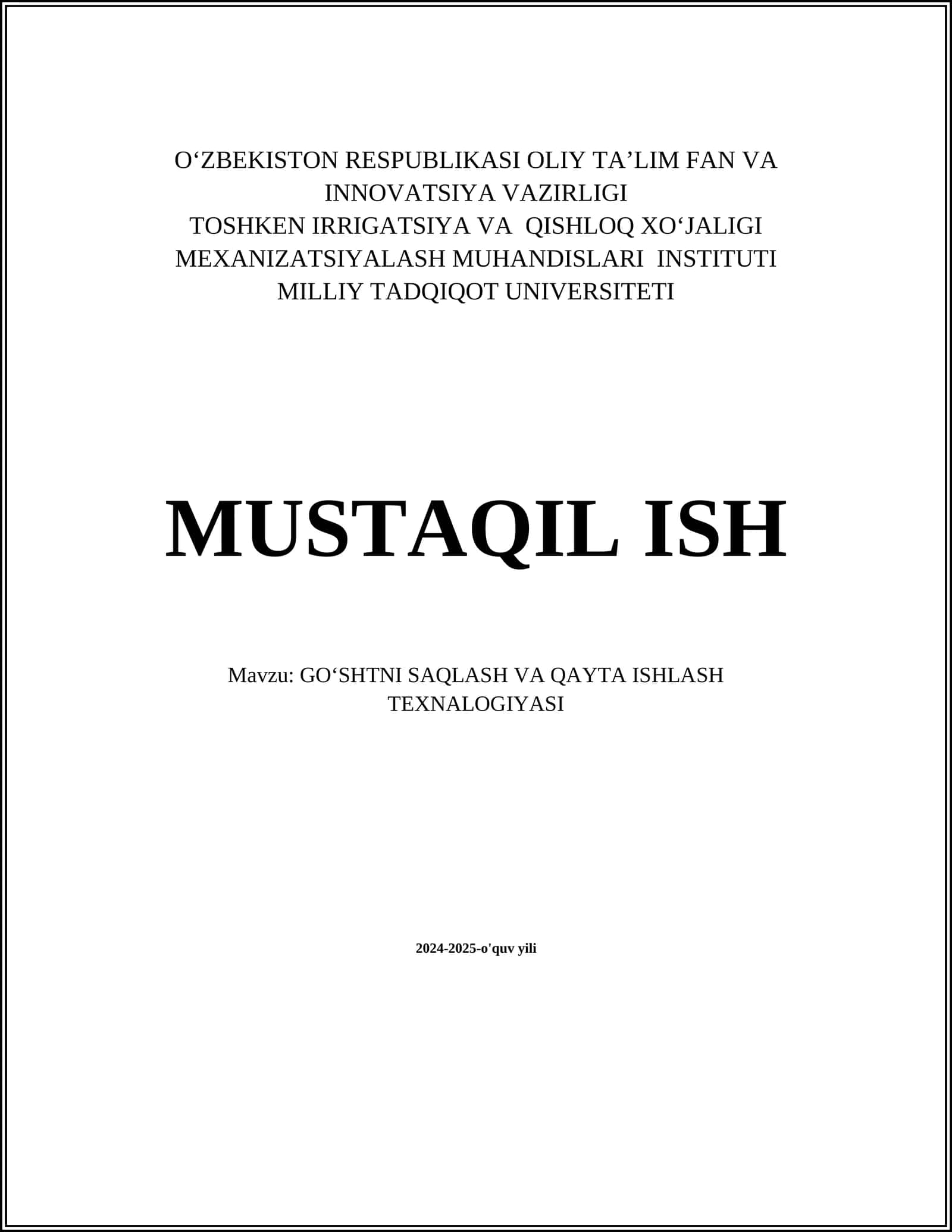 GOʻSHTNI SAQLASH VA QAYTA ISHLASH TEXNALOGIYASI