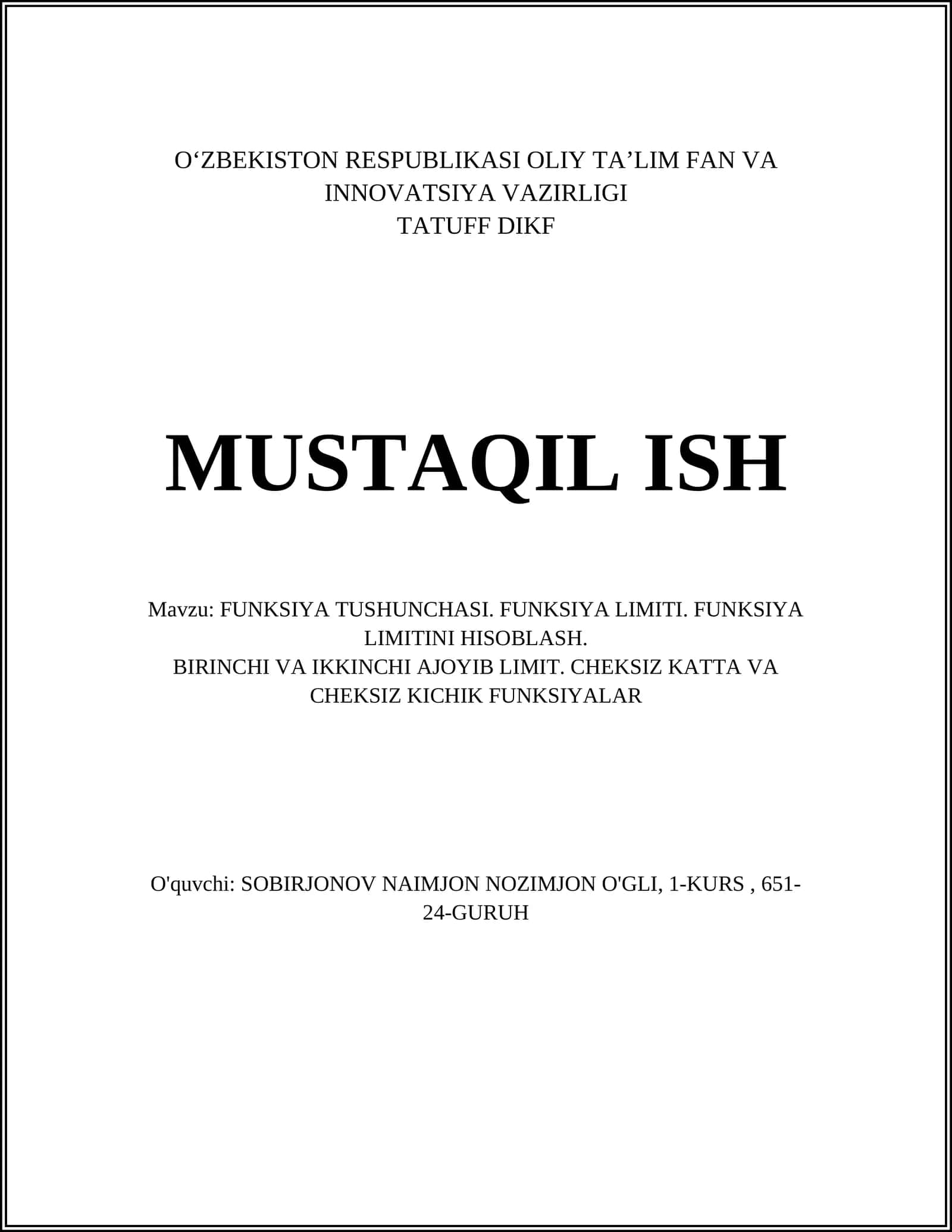 FUNKSIYA TUSHUNCHASI. FUNKSIYA LIMITI. FUNKSIYA LIMITINI HISOBLASH