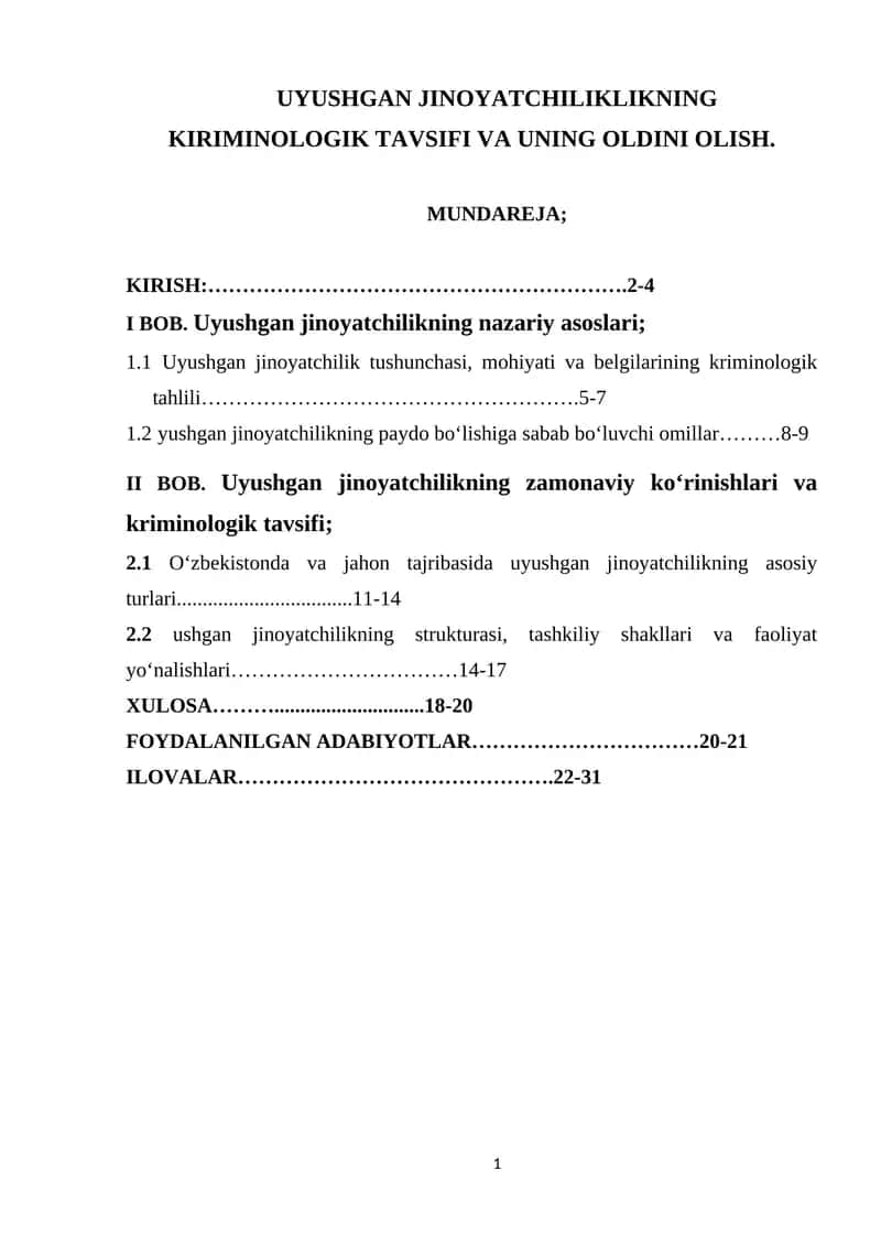 UYUSHGAN JINOYATCHILIKLIKNING KIRIMINOLOGIK TAVSIFI VA UNING OLDINI OLISH