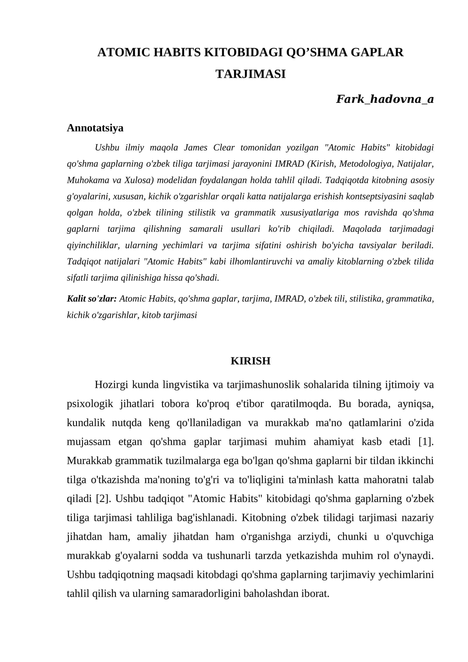 ATOMIC HABITS KITOBIDAGI QO’SHMA GAPLAR TARJIMASI
