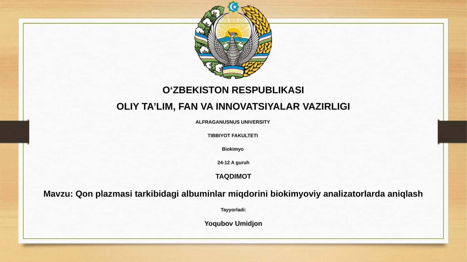 Albumin tarkibidagi qon plazmasini biokimyoviy analizatorlarda tekshirish