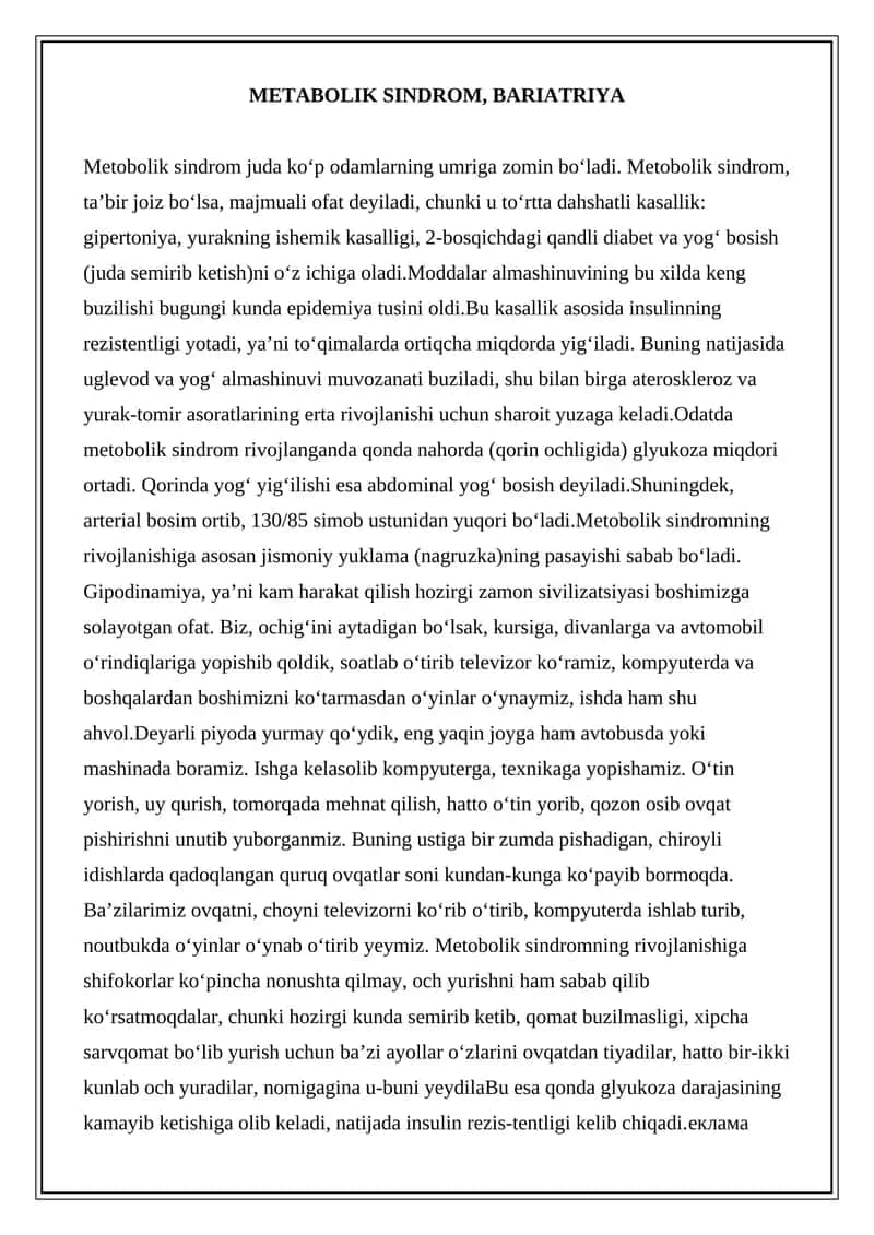METABOLIK SINDROM, BARIATRIYA