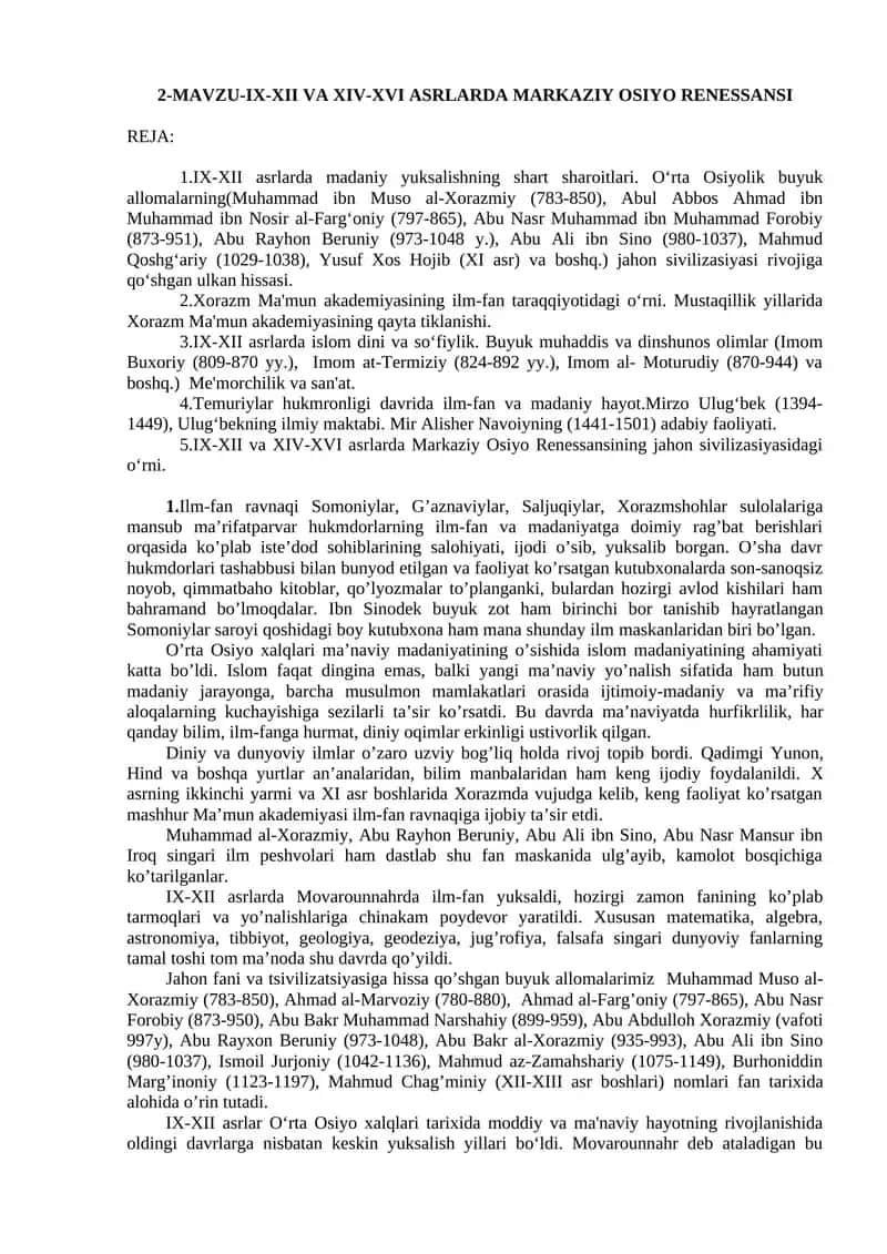 MAVZU-IX-XII VA XIV-XVI ASRLARDA MARKAZIY OSIYO RENESSANSI