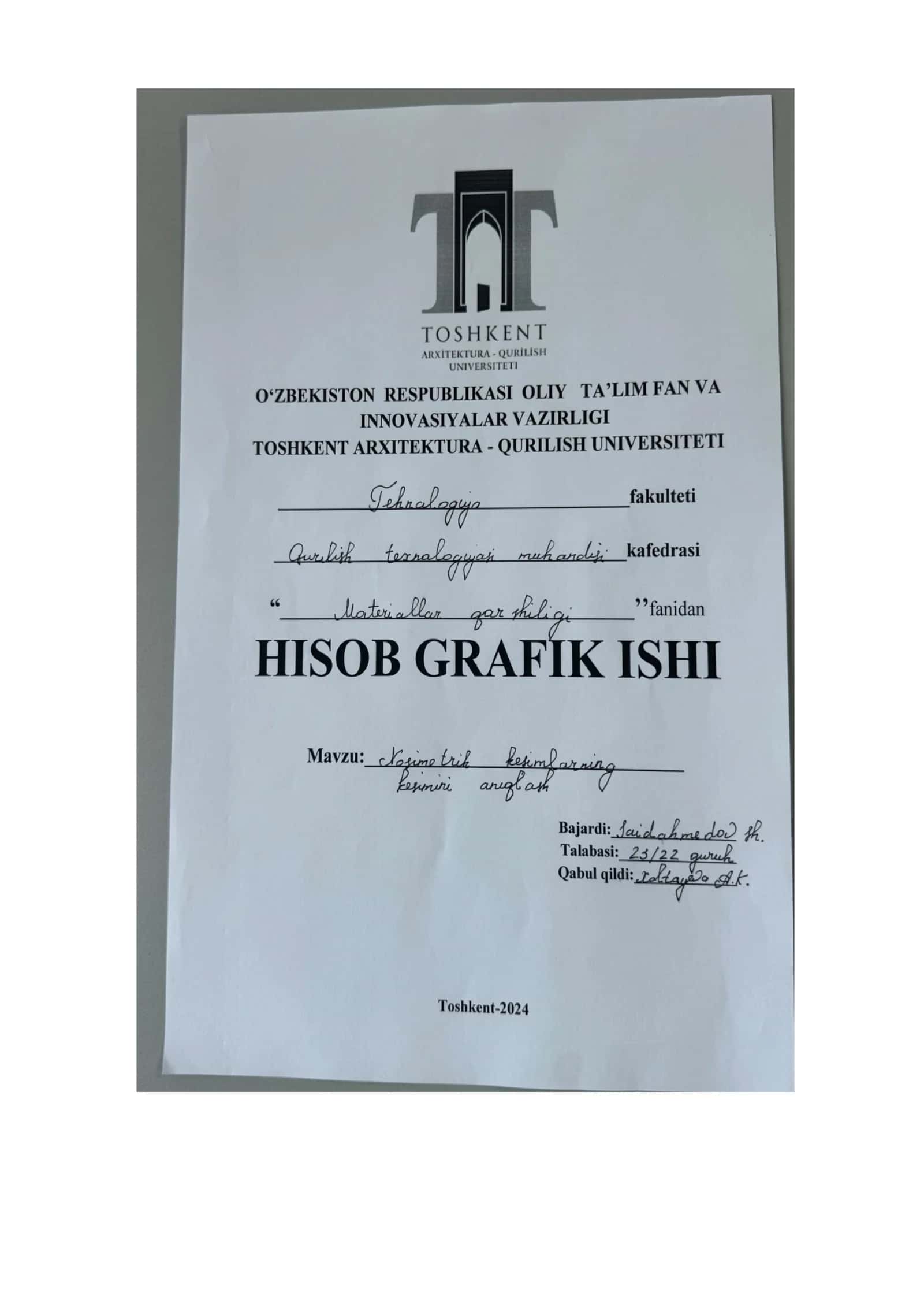 hisob girafik ishi. nosmetrik kesimlarni kesimini aniqlash.