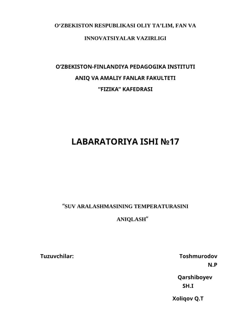 LABORATORIYA ISHI №17 "SUV ARALASHMASINING TEMPERATURASINI ANIQLASH"