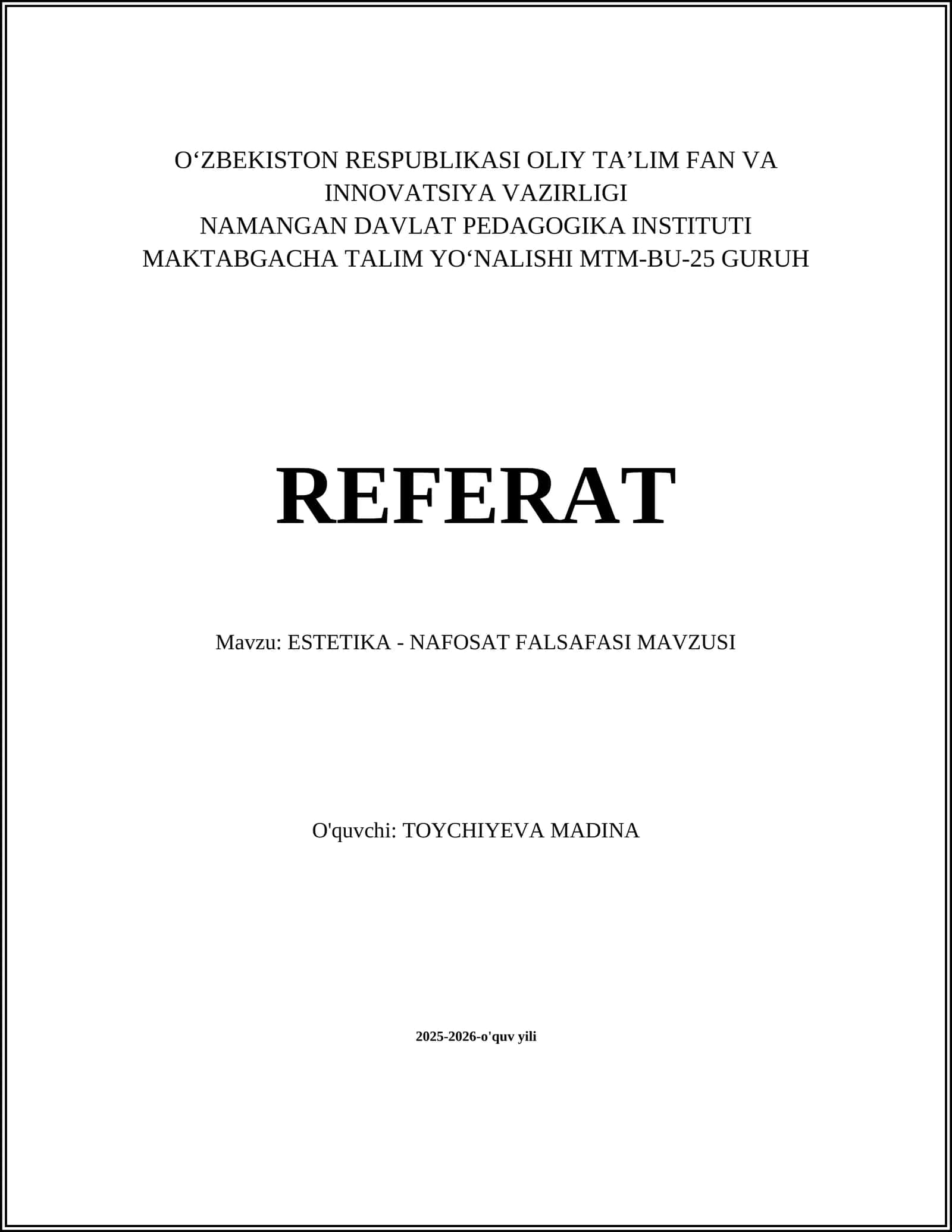 ESTETIKA - NAFOSAT FALSAFASI MAVZUSI