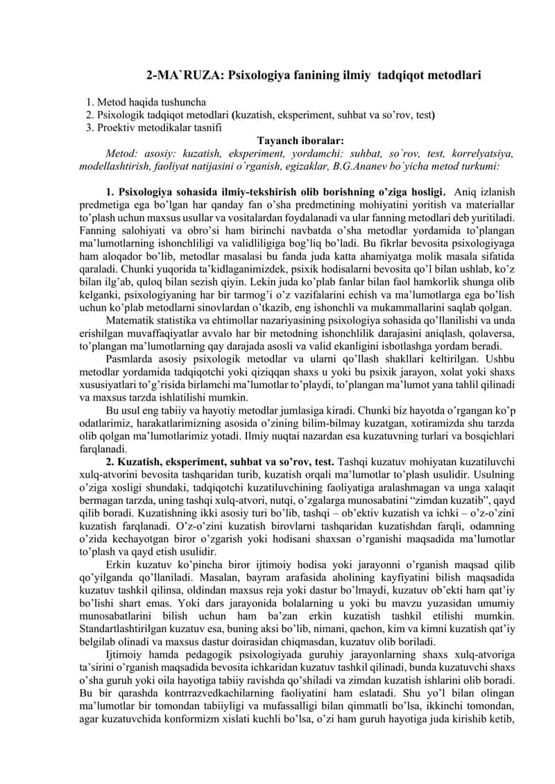 Psixologiya fanining ilmiy tadqiqot metodlari
