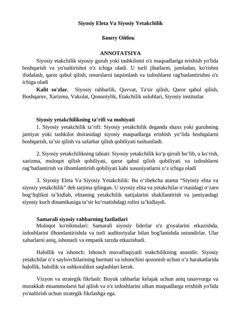 Siyosiy Eleta Va Siyosiy Yetakchilik