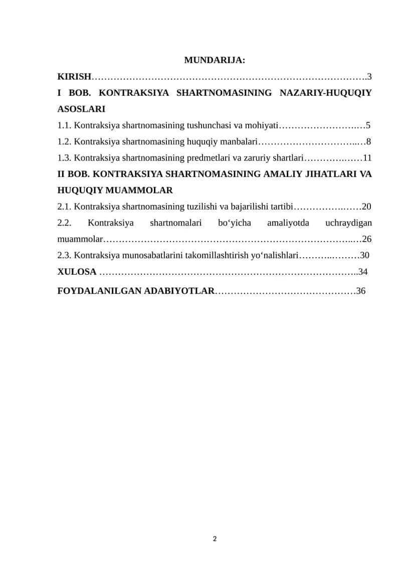 KONTRAKSIYA SHARTNOMASINING FUQAROLIK-XUQUQIY XUSUSIYATLARI