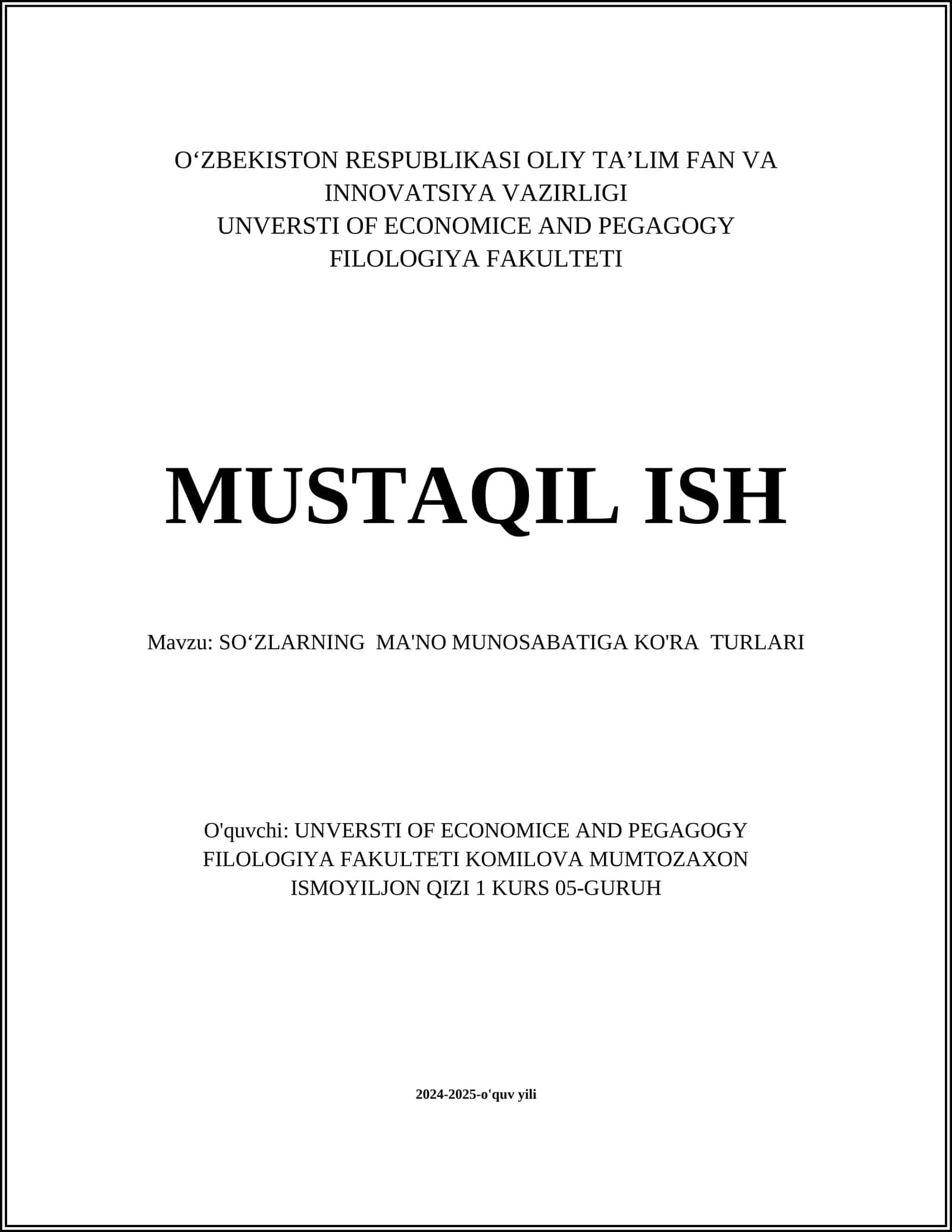 SOʻZLARNING MA'NO MUNOSABATIGA KO'RA TURLARI