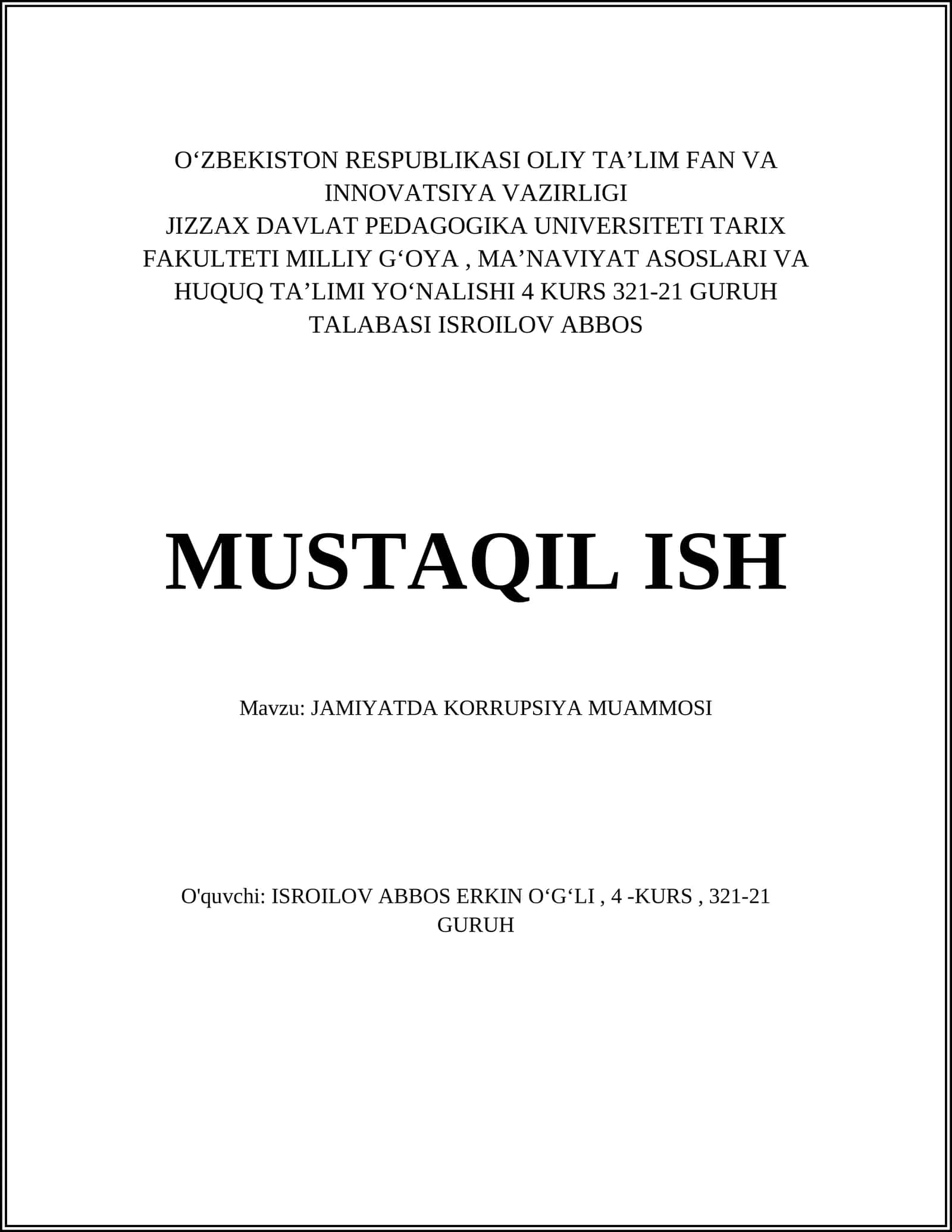 JAMIYATDA KORRUPSIYA MUAMMOSI