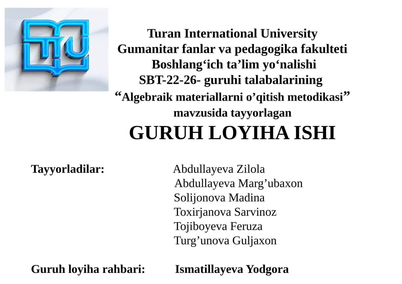 Algebraik materiallarni o‘qitish metodikasi